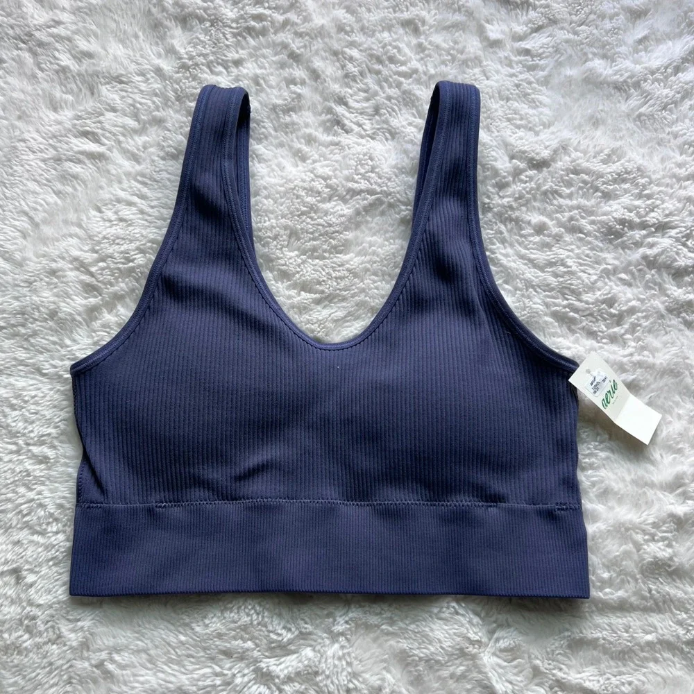 Aerie Real Good Ribbed Seamless Bralette Navy Blue V-Neck Size M 069-2693-3241